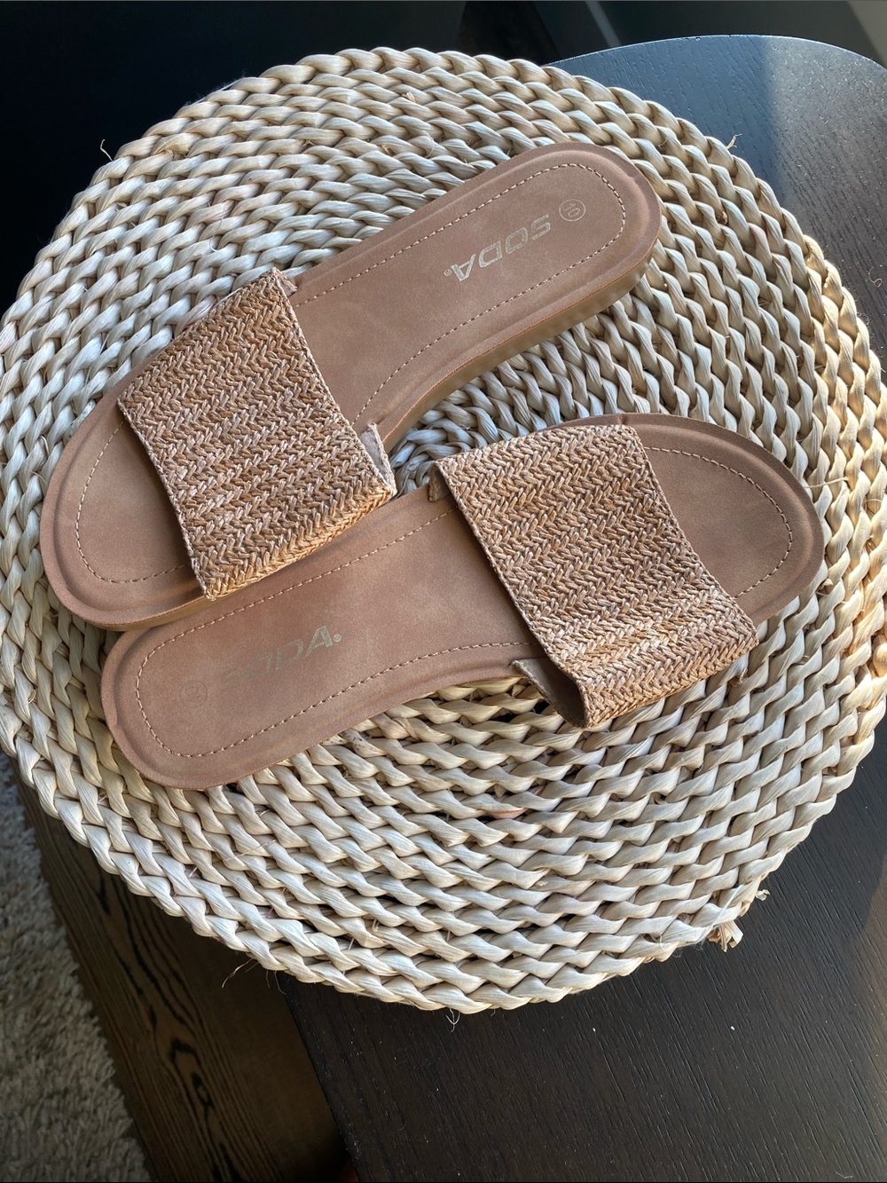 Soda Woven Slide Sandals in Tan